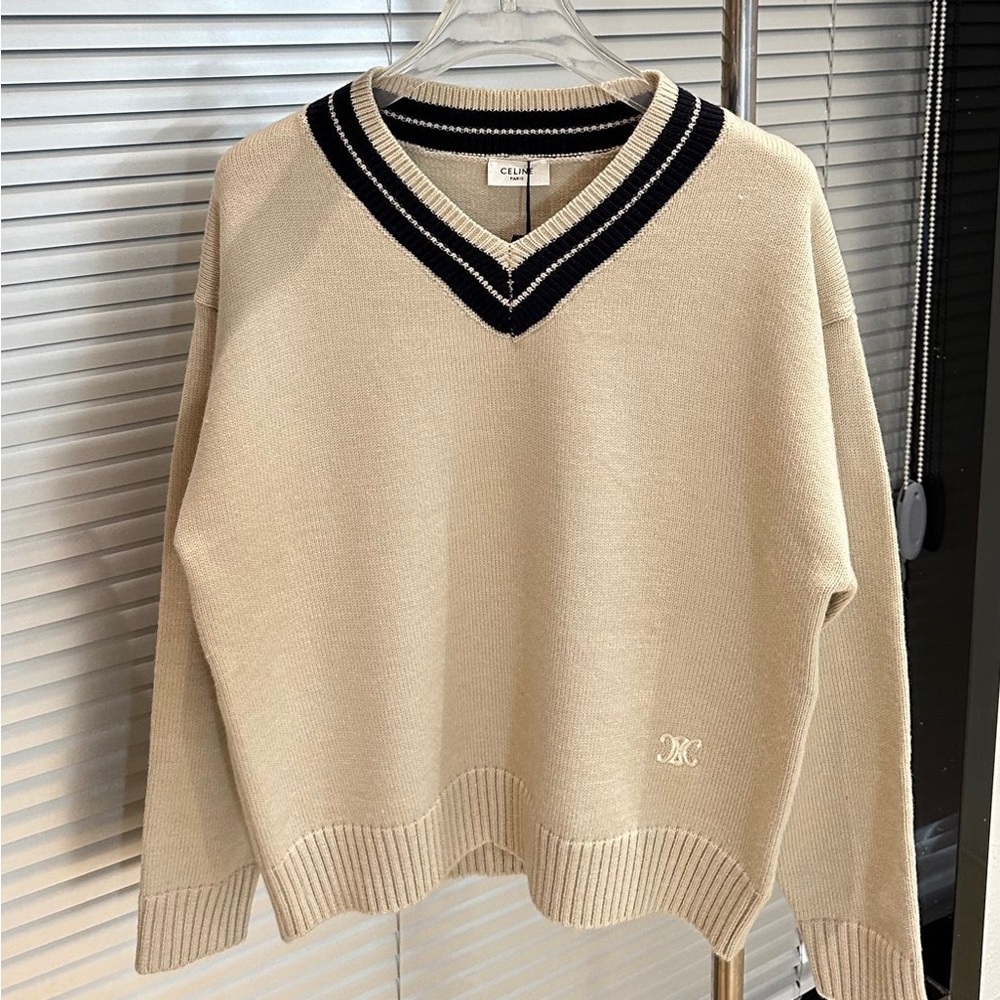 Celine Beige V-Neck Sweater with Black Trim